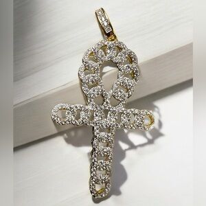 Beautiful AAA CZ Diamond 18K Gold Cross over Sterling Silver Signed